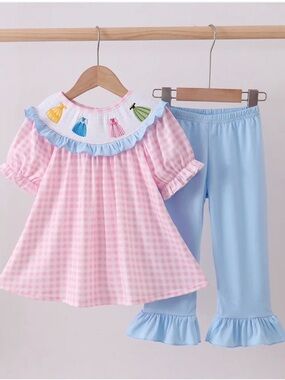 Honeydew USA Pink Gingham Top with Light Blue Ruffle Pants